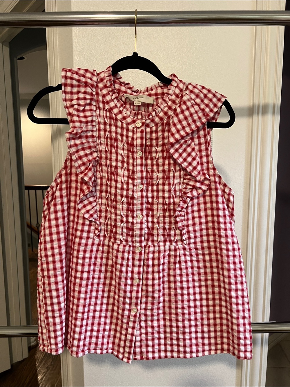 LOFT Red & White Gingham Ruffle Button-Front Sleeveless Top